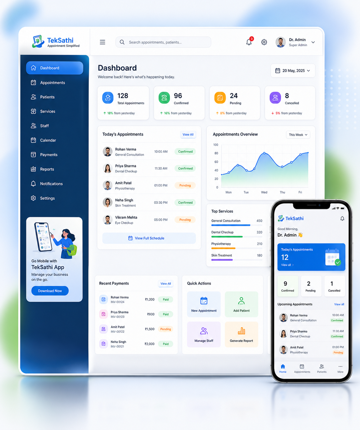 TekSathi dashboard and mobile app preview showing appointment booking system